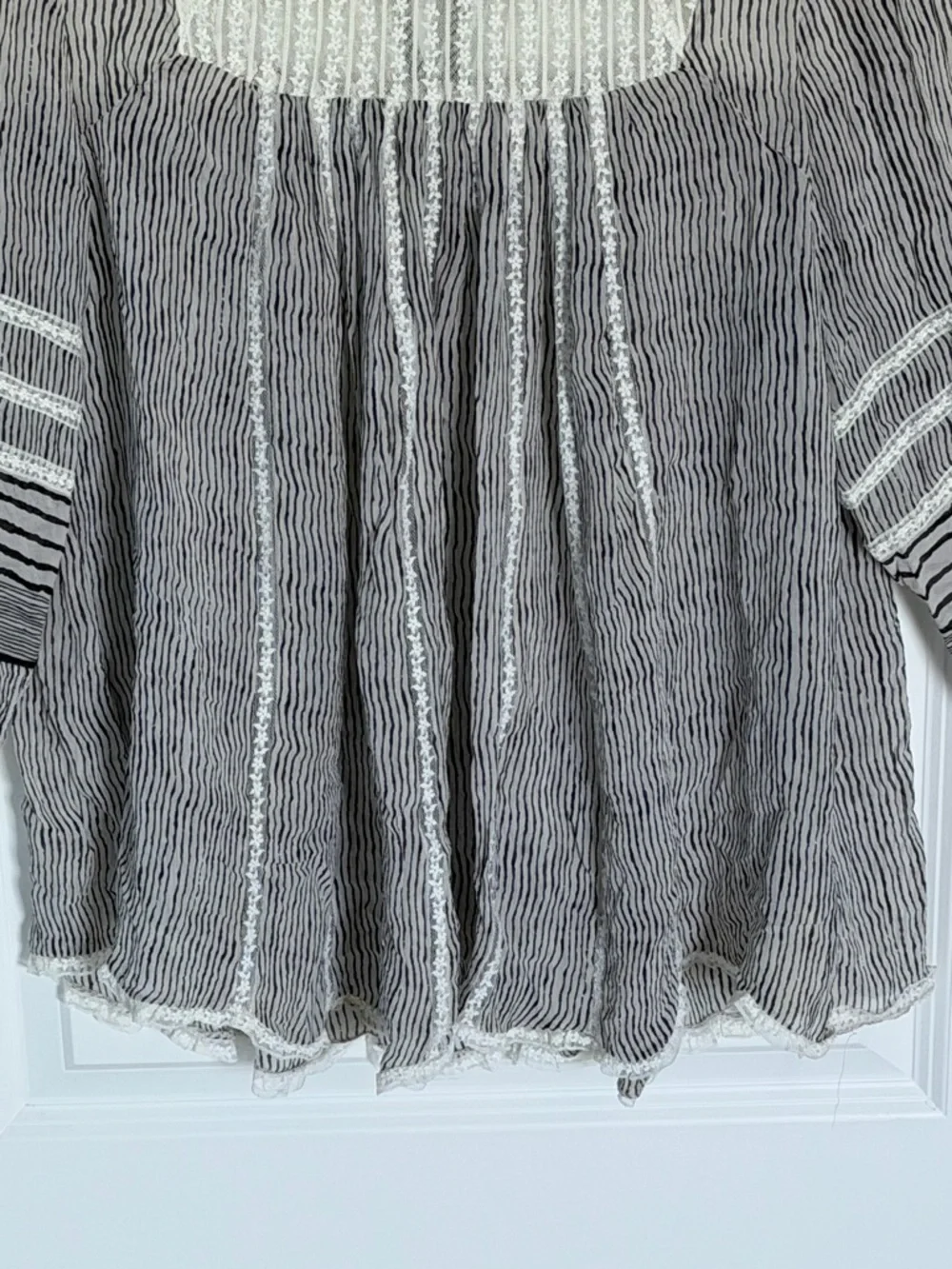 Anthropologie Floreat Black Reina Pleated Lace Striped Blouse Large 39636